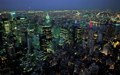 Manhattan, New York, panorama, nightscapes, buildings, NY, USA, America