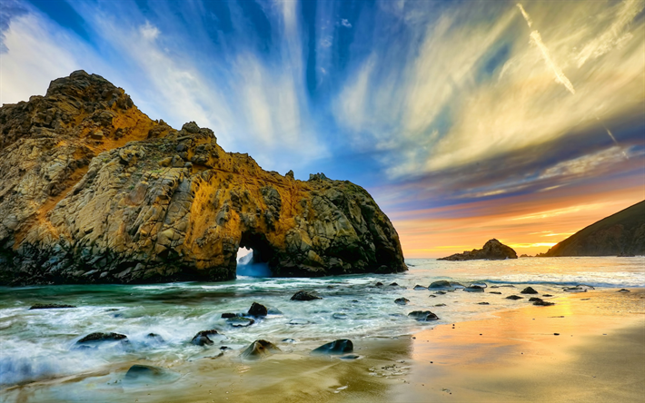 Monterey, morning, coast, arch, rock, ocean, California, USA