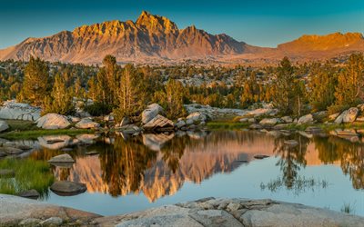 kv&#228;ll, sunset, bergslandskapet, sj&#246;n, Sierra Nevada, Kalifornien, USA