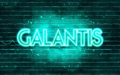 Galantis turkuaz logo, 4k, superstars, İsve&#231; DJ&#39;leri, turkuaz brickwall, Galantis logosu, Christian Karlsson, Linus Eklow, Galantis, m&#252;zik yıldızları, Galantis neon logosu
