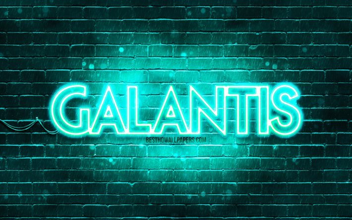 Logotipo de Galantis turquesa, 4k, superestrellas, DJs suecos, brickwall turquesa, logotipo de Galantis, Christian Karlsson, Linus Eklow, Galantis, estrellas de la m&#250;sica, logotipo de ne&#243;n Galantis