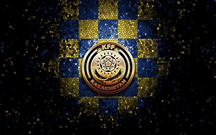Kazakh football team, glitter logo, UEFA, Europe, blue yellow checkered background, mosaic art, soccer, Kazakhstan National Football Team, KFF logo, football, Kazakhstan