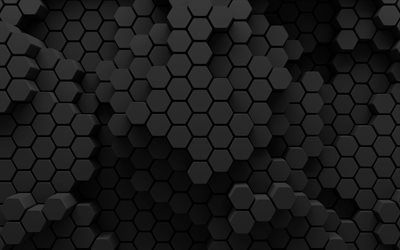 black hexagons, 4k, 3D art, creative, honeycomb, hexagons patterns, black hexagons background, hexagons textures, black backgrounds, hexagons texture