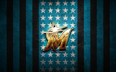 Miami Marlins flagga, MLB, bl&#229; black metal bakgrund, amerikansk baseball team, Miami Marlins logotyp, USA, baseball, Miami Marlins, gyllene logotyp