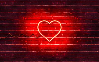 Cuore icona neon, 4k, sfondo rosso, simboli al neon, Cuore, creativo, icone al neon, segno di cuore, segni d&#39;amore, icona del cuore, icone d&#39;amore, concetti d&#39;amore