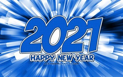 4k, 2021 new year, blue abstract rays, 2021 blue digits, 2021 concepts, 2021 on blue background, 2021 year digits, Happy New Year 2021