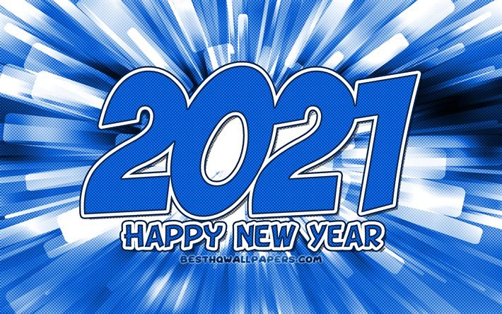 4k, 2021 nouvelle ann&#233;e, rayons abstraits bleus, 2021 chiffres bleus, 2021 concepts, 2021 sur fond bleu, chiffres de l’ann&#233;e 2021, Bonne ann&#233;e 2021