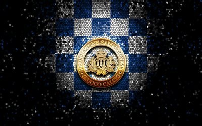 San Marino football team, glitter logo, UEFA, Europe, blue white checkered background, mosaic art, soccer, San Marino National Football Team, FSGC logo, football, San Marino