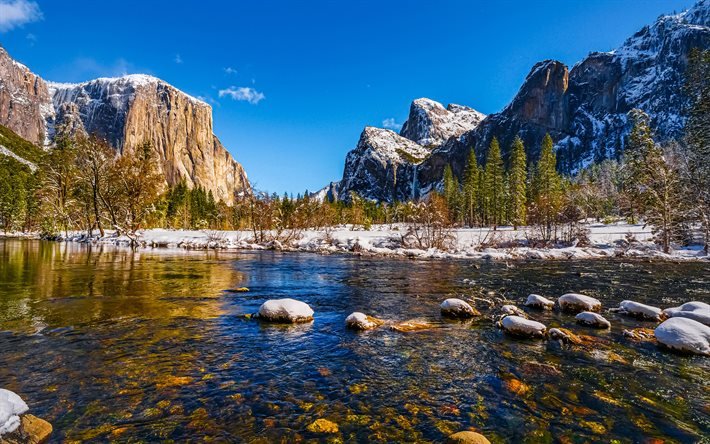 Yosemite National Park, winter, 4K, mountains, Sierra Nevada, California, USA, beautiful nature, american landmarks, America