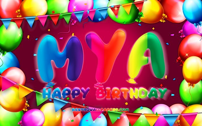 誕生日おめでとう, 4k, カラフルなバルーンフレーム, ミヤ名, 紫色の背景, ミャの誕生日, 人気のアメリカ人女性の名前, 誕生日のコンセプト, オオノガイ