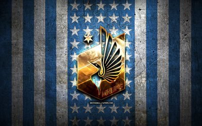 Minnesota United bayrağı, MLS, mavi beyaz metal arka plan, amerikan futbol kul&#252;b&#252;, Minnesota United logosu, ABD, futbol, Minnesota United FC, altın logo