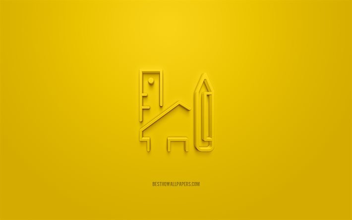 Talosuunnittelu 3d-kuvake, keltainen tausta, 3D-symbolit, talon suunnittelu, luova 3d-taide, 3d-kuvakkeet, talon suunnittelumerkki, rakentamisen 3d-kuvakkeet