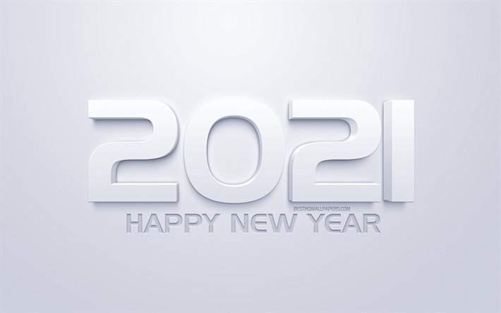 2021 uusi vuosi, 2021 3D-valkoinen tausta, 2021-k&#228;sitteet, hyv&#228;&#228; uutta vuotta 2021, valkoinen tausta, luova 3D-taide, 2021 valkoinen tausta