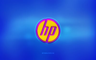 HP 3d logo, blue background, HP, multicolored logo, HP logo, 3d emblem, Hewlett-Packard