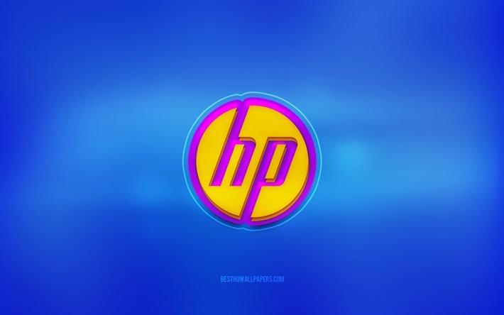 HP 3dロゴ, 青い背景, HP, 色とりどりのロゴ, HPロゴ, 3Dエンブレム, Hewlett-Packard