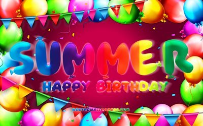 Happy Birthday Summer, 4k, colorful balloon frame, Summer name, purple background, Summer Happy Birthday, Summer Birthday, popular american female names, Birthday concept, Summer