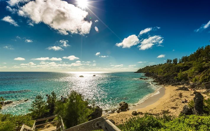 Bermudes, c&#244;te de l&#39;oc&#233;an, plage, coucher de soleil, soir&#233;e, &#238;les tropicales, paysage marin