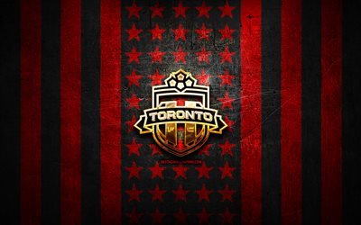 Toronto FC bayrağı, MLS, kırmızı siyah metal arka plan, Kanada futbol kul&#252;b&#252;, Toronto FC logosu, ABD, futbol, Toronto FC, altın logo
