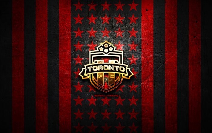 Drapeau du Toronto FC, MLS, fond m&#233;tal noir rouge, club de soccer canadien, logo du Toronto FC, USA, soccer, Toronto FC, logo dor&#233;