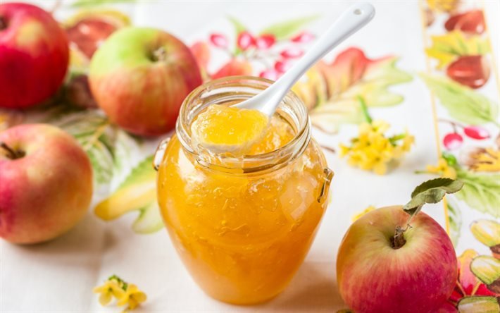honey, apples, fruit, summer, honey harvest concepts, glass jar of honey
