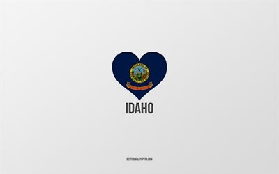 J&#39;aime l&#39;Idaho, les &#201;tats am&#233;ricains, fond gris, l&#39;&#201;tat de l&#39;Idaho, les &#201;tats-Unis, le cœur du drapeau de l&#39;Idaho, les villes pr&#233;f&#233;r&#233;es, l&#39;amour de l&#39;Idaho