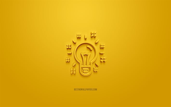 Idea-3d-kuvake, keltainen tausta, 3D-symbolit, Idean hehkulamppu, luova 3d-taide, 3d-kuvakkeet, Idea-merkki, Liiketoiminnan 3d-kuvakkeet