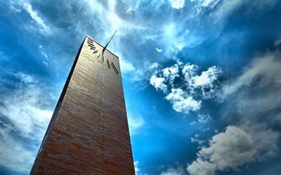 Columbus Learning Center, chapel, blue sky, clouds, clock, Columbus, Ohio, USA
