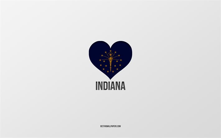 J&#39;aime l&#39;Indiana, les &#201;tats am&#233;ricains, fond gris, l&#39;&#201;tat de l&#39;Indiana, les &#201;tats-Unis, le cœur du drapeau de l&#39;Indiana, les villes pr&#233;f&#233;r&#233;es, l&#39;amour de l&#39;Indiana