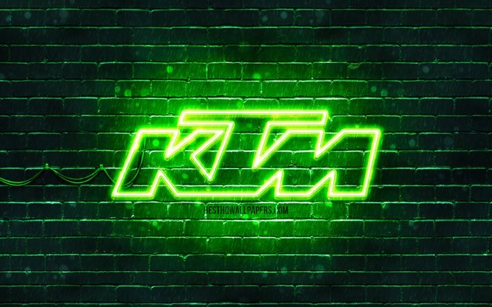 Logo verde KTM, 4k, muro di mattoni verde, logo KTM, marchi di motociclette, logo neon KTM, KTM