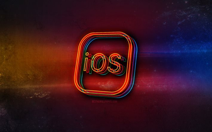 Logo IOS, luce al neon art, emblema IOS, logo al neon IOS, arte creativa, IOS