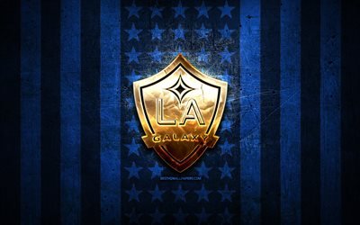 Drapeau Los Angeles Galaxy, MLS, fond m&#233;tal noir bleu, club de football am&#233;ricain, logo Los Angeles Galaxy, USA, football, Los Angeles Galaxy FC, logo dor&#233;, LA Galaxy