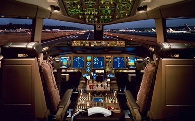 Boeing 777 -ohjaamo, sis&#228;kuva, lentokoneen kojelauta, Boeing 777 sis&#228;ll&#228;, matkustajakone, Boeing