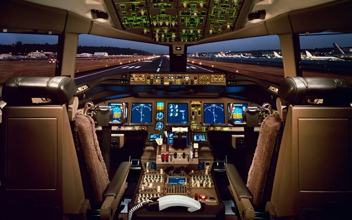 Boeing 777 cockpit, inside view, aircraft dashboard, Boeing 777 inside, passenger plane, Boeing