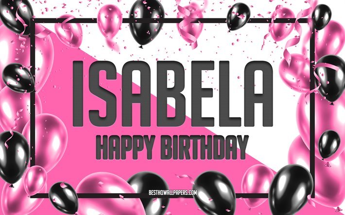 Buon compleanno Isabela, Sfondo di palloncini di compleanno, Isabela, sfondi con nomi, Sfondo di compleanno di palloncini rosa, biglietto di auguri, Compleanno di Isabela