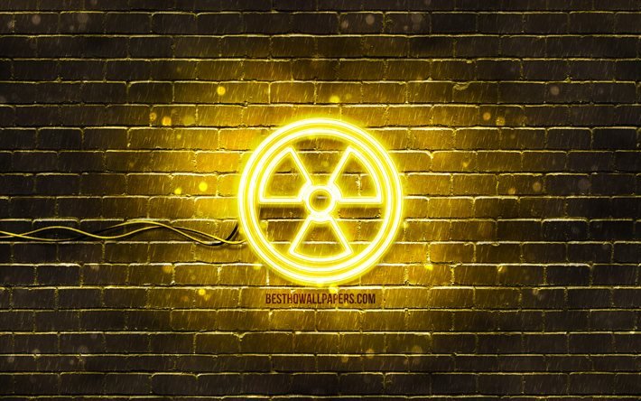 Icona al neon radioattivo, 4k, sfondo giallo, simboli al neon, radioattivo, creativo, icone al neon, segno radioattivo, segni di ecologia, icona radioattivo, icone di ecologia