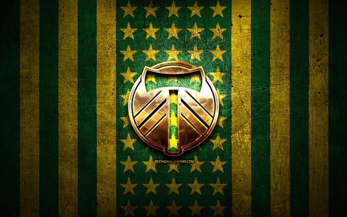 ポートランドティンバーズフラグ, MLS 番号, 緑の黄色の金属の背景, アメリカのサッカークラブ, ポートランドティンバーズのロゴ, アメリカ, サッカー, ポートランドティンバーズFC, 黄金のロゴ