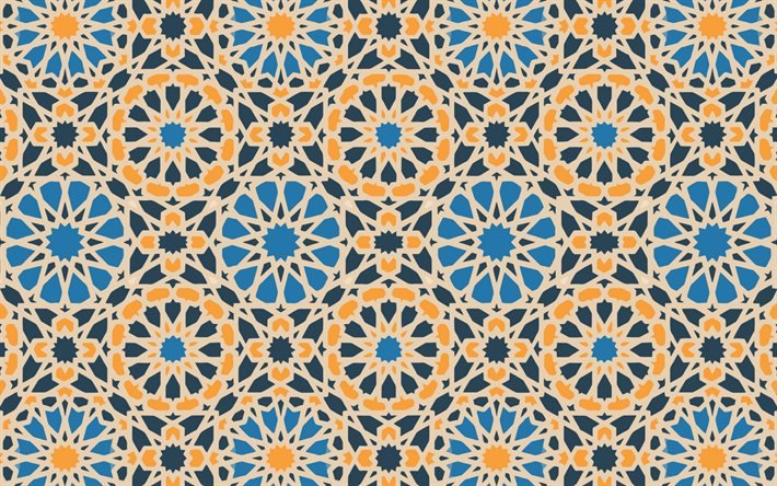 mavi turuncu islami doku, islami arka plan, &#231;i&#231;ekler islami doku, retro islami doku, islami desen