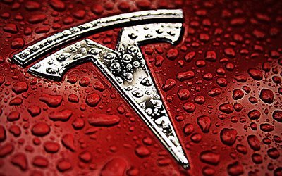 Tesla metal logo, 4k, red metal background, Tesla logo, cars brands, Tesla