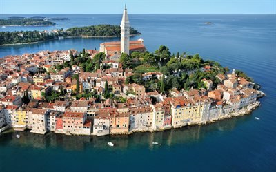 Rovinj, mer Adriatique, resort, paysage marin, paysage urbain, panorama de Rovinj, Istrie, Croatie