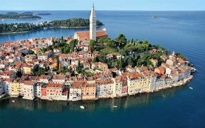 Rovinj Adriatiska havet, semesterort, marinm&#229;lning, stadsbild, Rovinj panorama, Istrien, Kroatien