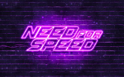 Need for Speed menekşe logosu, 4k, mor brickwall, NFS, 2020 oyunları, Need for Speed logosu, NFS neon logosu, Need for Speed