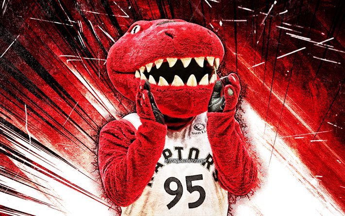 4k, The Raptor, grunge art, maskot, Toronto Raptors, NBA, red abstract str&#229;lar, USA, Toronto Raptors maskot, Raptor, NBA maskotar, officiell maskot, Raptor maskot