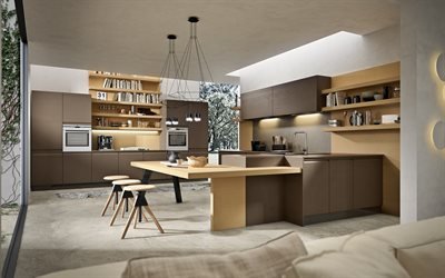 スタイリッシュなキッチンのインテリアデザイン, 台所で茶色の家具, モダンなインテリアデザイン, キッチン, ロフトスタイル, 台所のコンクリートの床