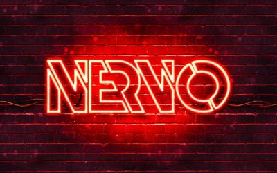 Logotipo vermelho do Nervo, 4k, superstars, DJs australianos, parede de tijolos vermelhos, logotipo do Nervo, Olivia Nervo, Miriam Nervo, NERVO, estrelas da m&#250;sica, logotipo do n&#233;on do Nervo