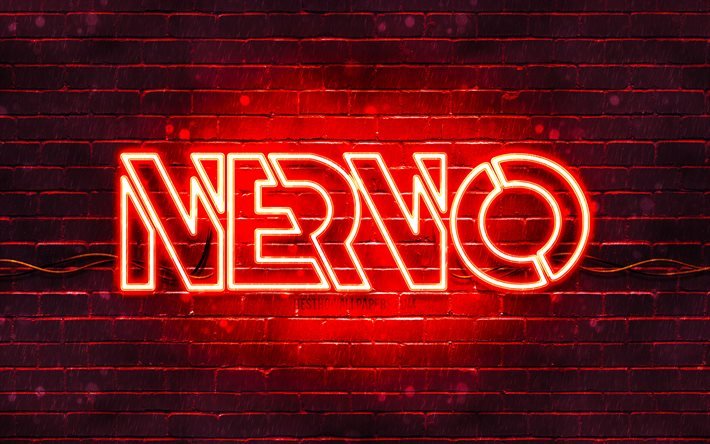 Logo rouge Nervo, 4k, superstars, DJ australiens, brickwall rouge, logo Nervo, Olivia Nervo, Miriam Nervo, NERVO, stars de la musique, logo Nervo n&#233;on