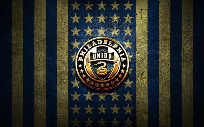 علم فيلادلفيا يونيون, الدوري الأمريكي لكرة القدم, خلفية معدنية بنية زرقاء, نادي كرة القدم الأمريكي, شعار فيلادلفيا يونيون, الولايات المتحدة الأمريكية, كرة قدم, فيلادلفيا يونيون, الشعار الذهبي