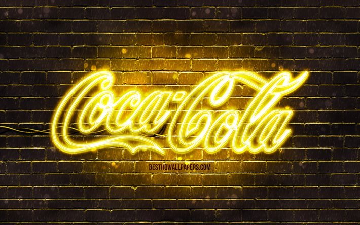 Logo giallo Coca-Cola, 4k, muro di mattoni giallo, logo Coca-Cola, marchi, logo neon Coca-Cola, Coca-Cola