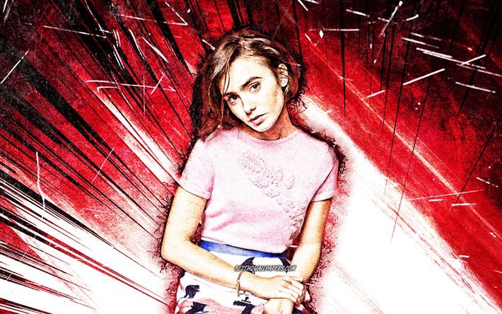 4k, Lily Collins, art grunge, Hollywood, c&#233;l&#233;brit&#233; am&#233;ricaine, Lily Jane Collins, stars de cin&#233;ma, rayons abstraits violets, actrice am&#233;ricaine, Lily Collins 4K