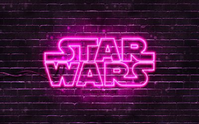 Star Wars purple logo, 4k, purple brickwall, Star Wars logo, creative, Star Wars neon logo, Star Wars