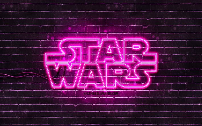 Star Wars mor logo, 4k, mor brickwall, Star Wars logosu, yaratıcı, Star Wars neon logo, Star Wars